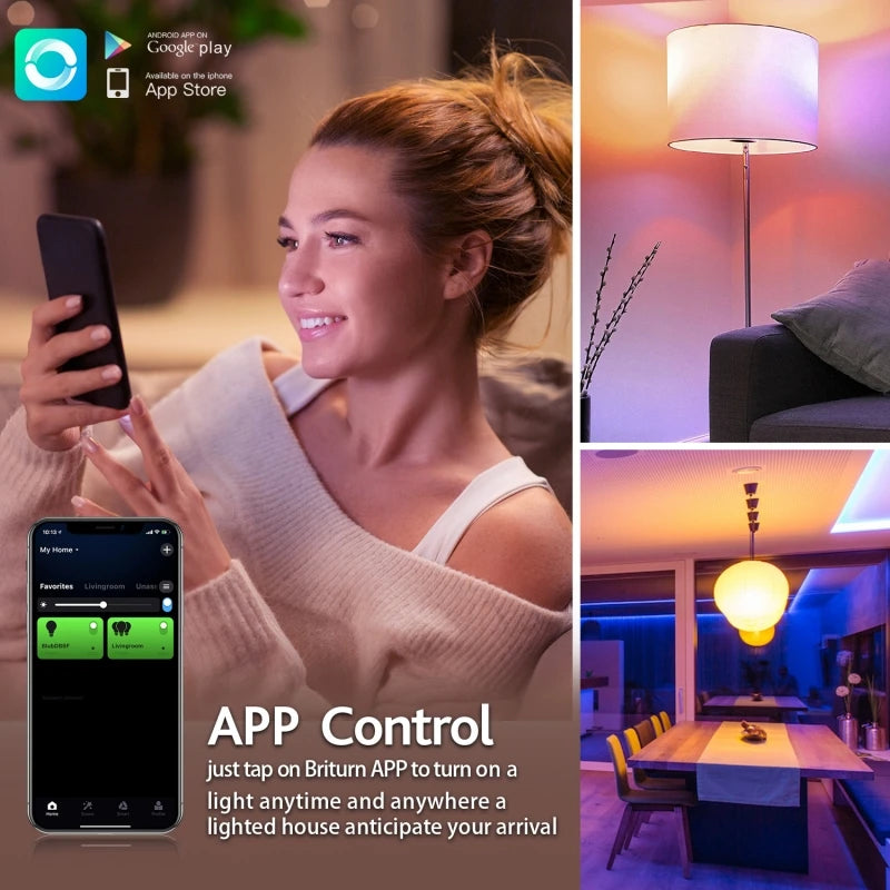A woman is using a smartphone to control a smart light bulb system, demonstrating the APP Control feature.
