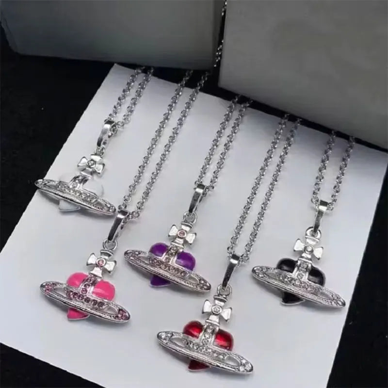 Rhinestone Heart & Saturn Pendant Jewelry Set