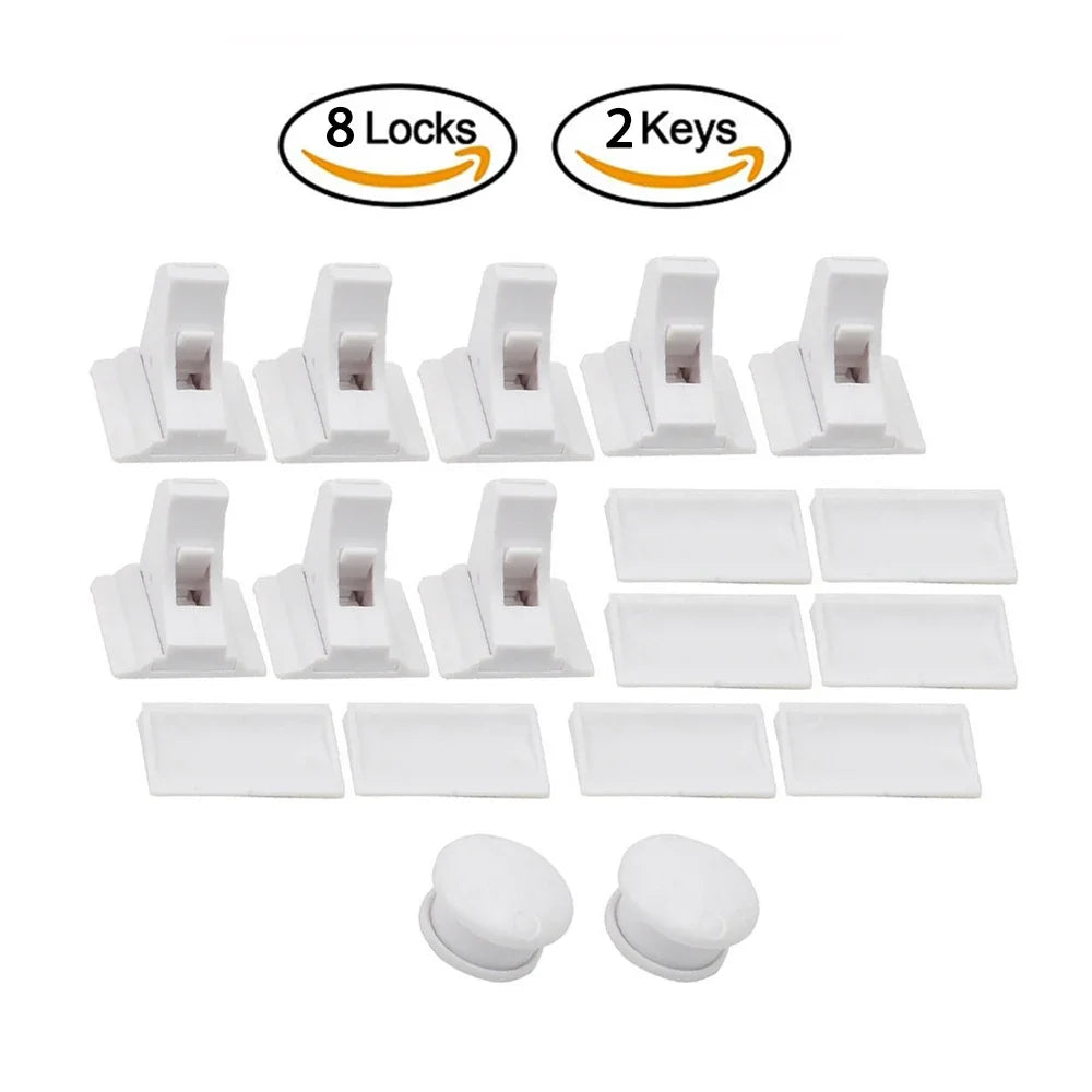 A set of invisible magnetic cabinet locks, including 8 locks and 2 keys, in white.