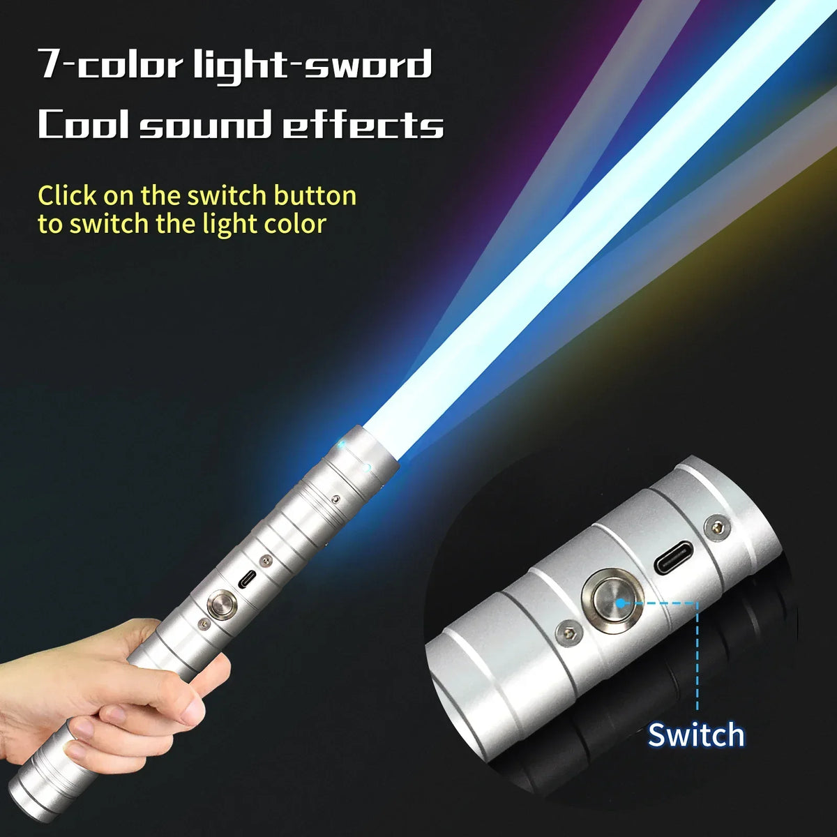 A hand holds a 7-color light-sword with sound effects, showing the switch mechanism.