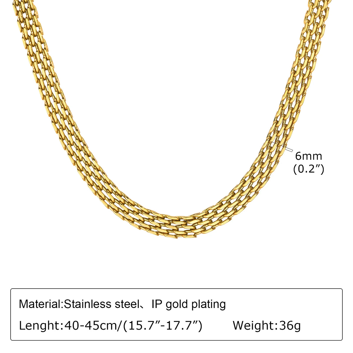 A close-up of a chunky gold plated stainless steel link necklace displayed against a white background.