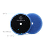 A circular blue foam polishing pad with a black center and a silicone hook and loop backing for car detailing.