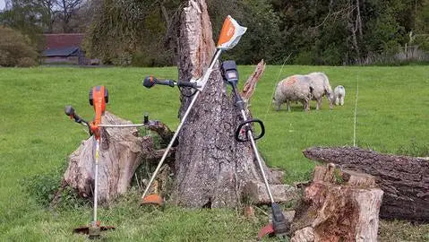 A steel wire wheel brush attached to a pole is shown in a grassy field.