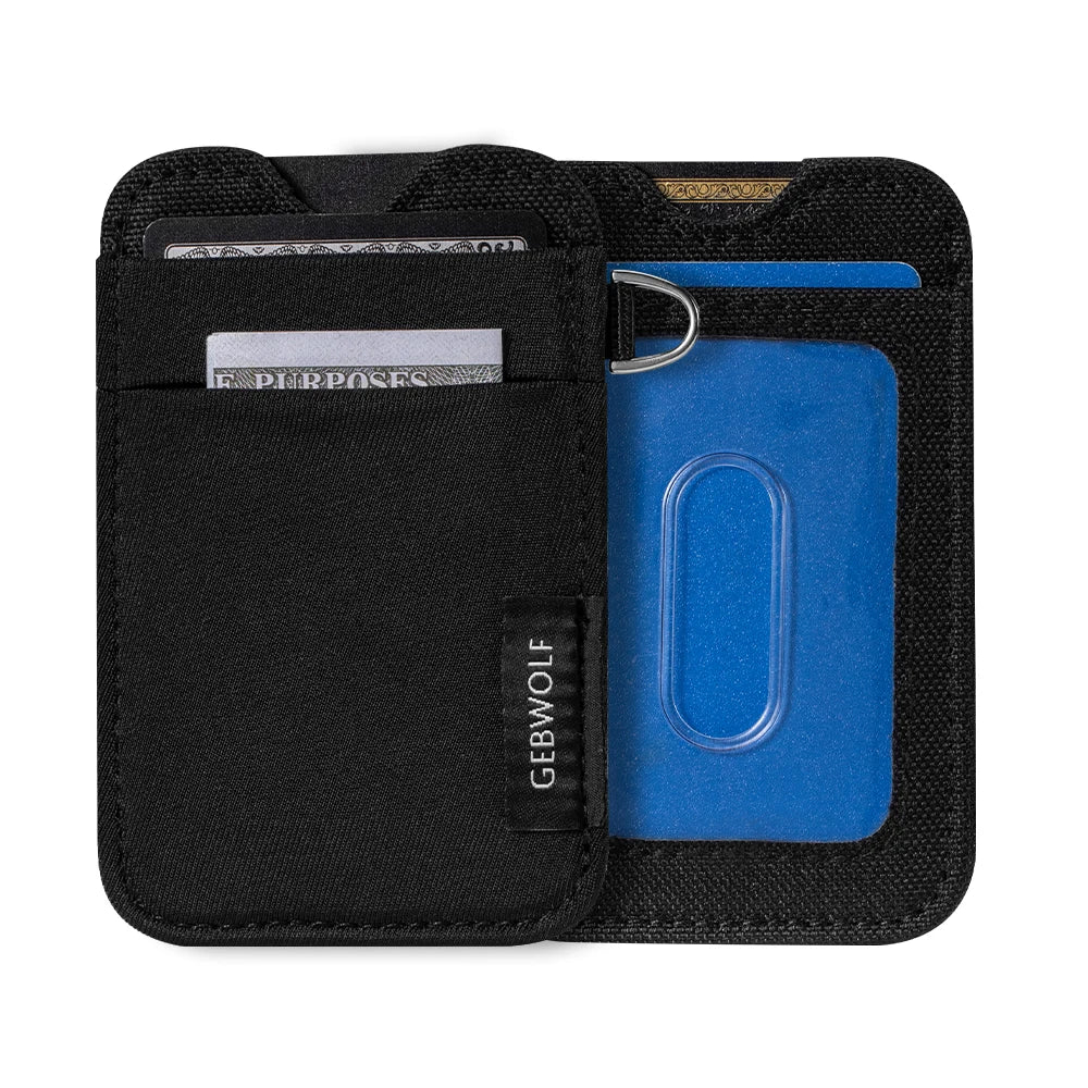 Porte-cartes minimaliste en nylon noir avec emplacement anti-RFID et une doublure bleue.