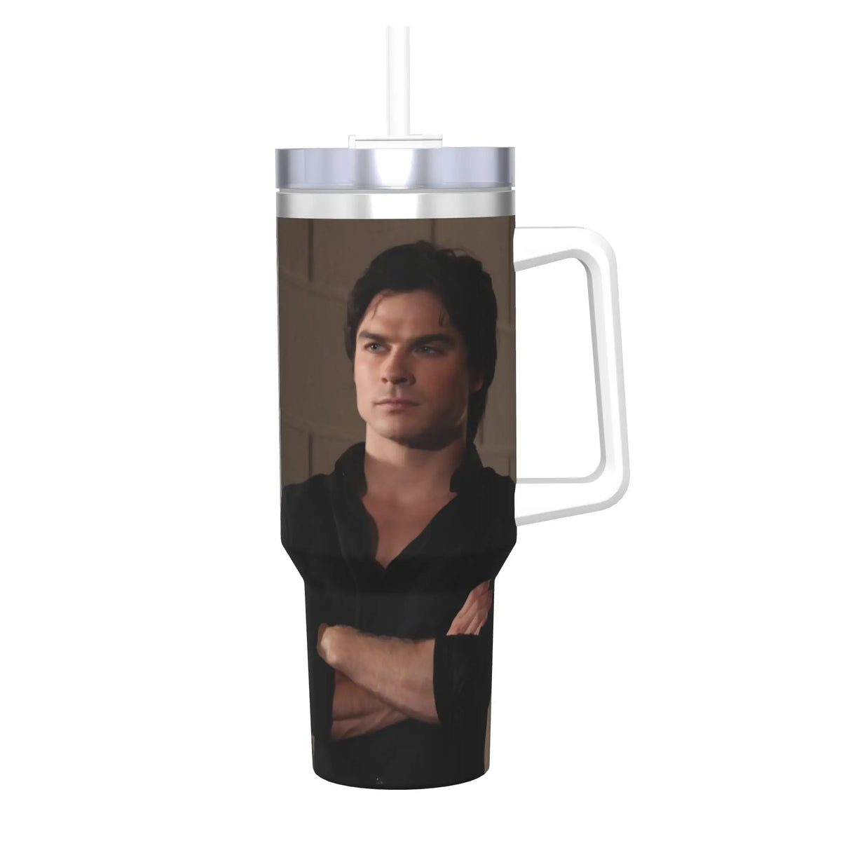 A stainless steel tumbler with a straw lid featuring a portrait of a man.
