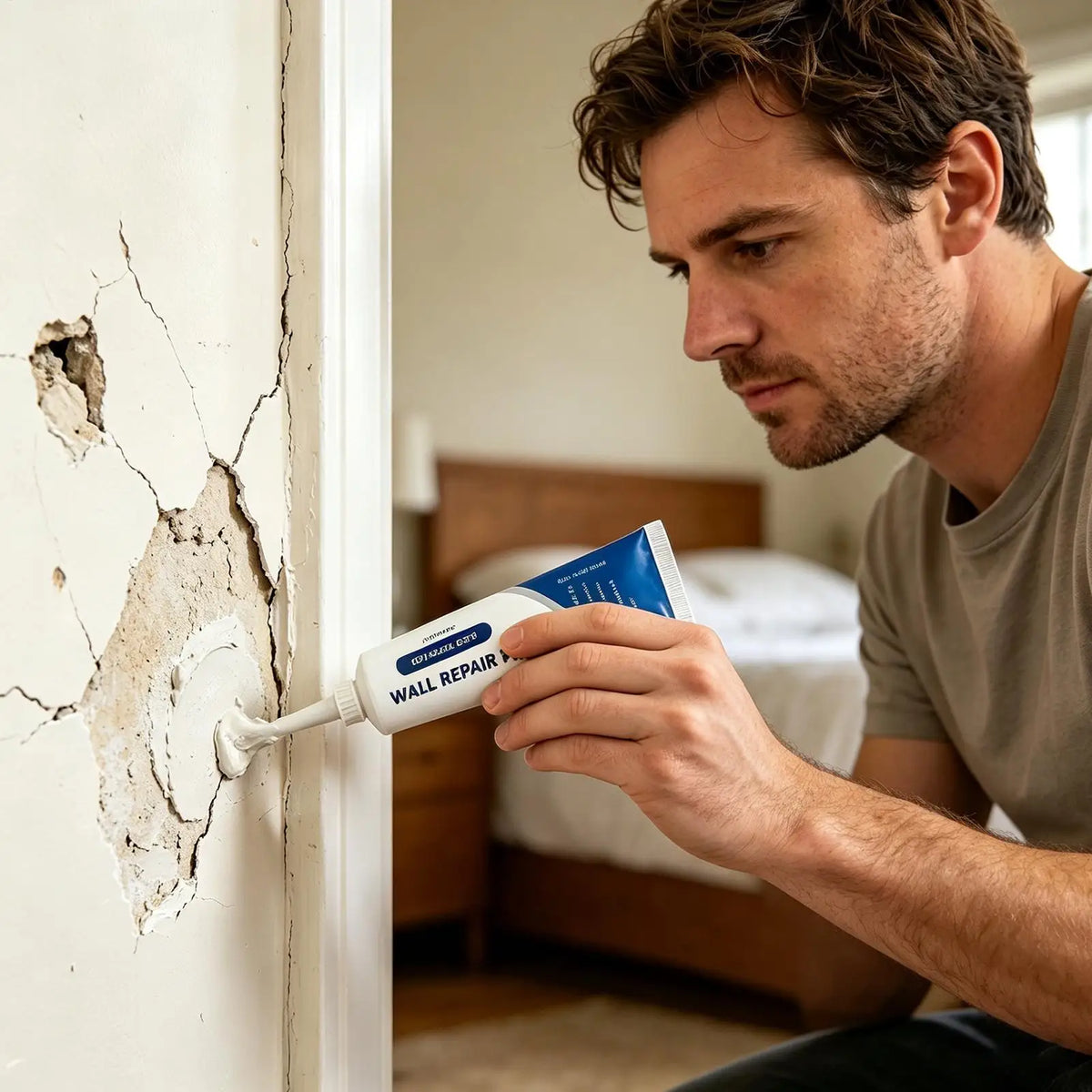 A man applies a white wall repair paste kit to a crack in a white door frame.