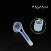Clear plastic measuring cup with a long spout showing volume markings for 5ml to 15ml