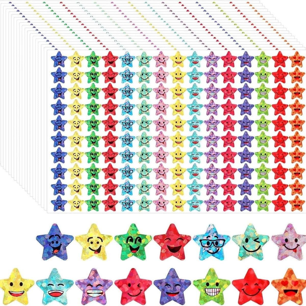 A large grid of 1,500 glitter star stickers featuring various happy face designs in multiple colors.