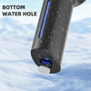 Close-up view of a black portable misting fan with a bottom water hole in a snowy environment.