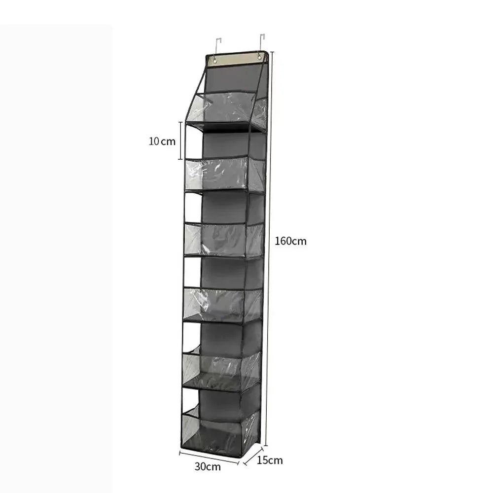 A tall, rectangular over-the-door hanging organizer with five mesh pockets.