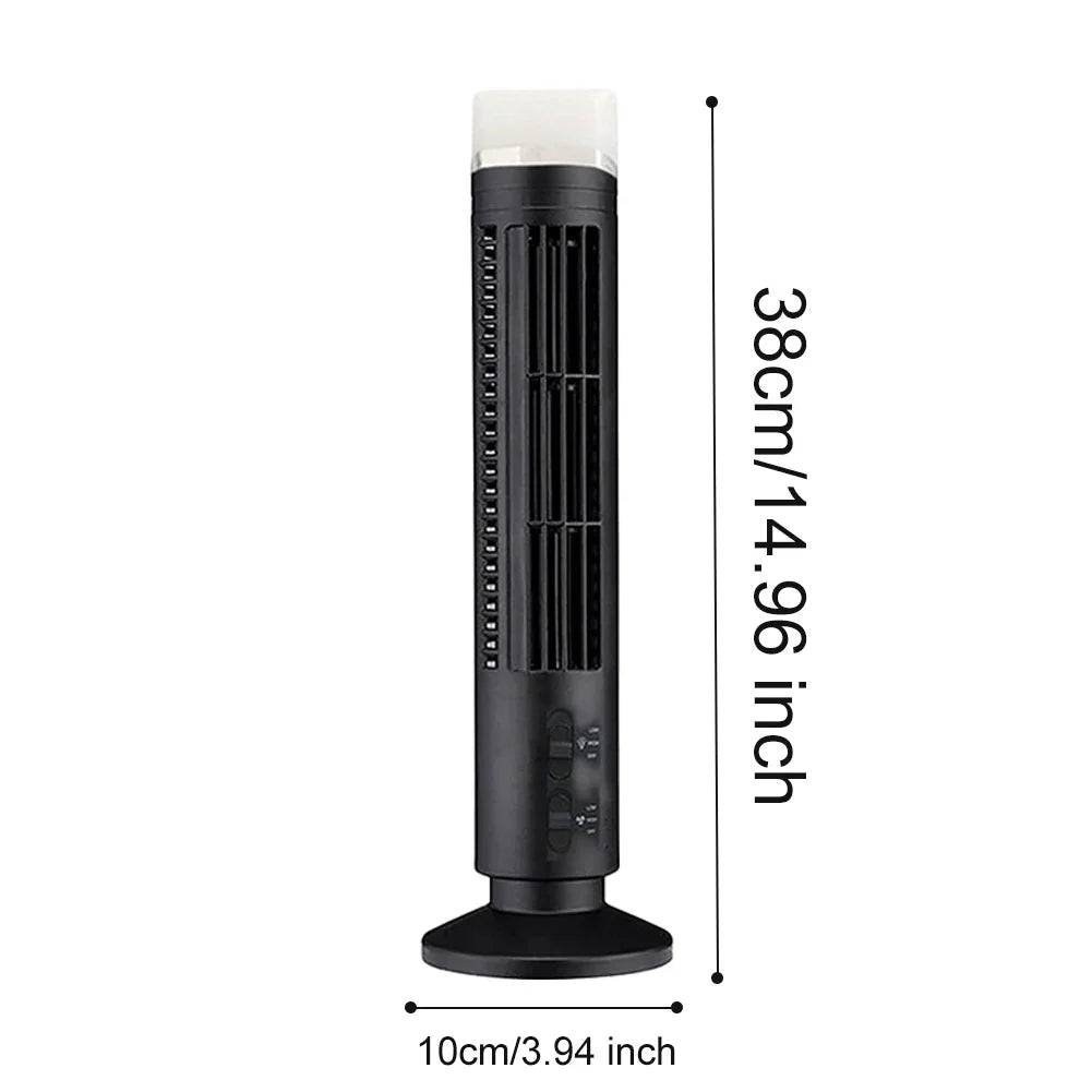 A black compact bladeless tower fan shown vertically with dimensions 38cm high and 10cm wide.