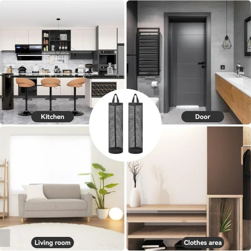 A set of wall-mounted mesh bag dispensers for trash bags shown in a kitchen, door, living room, and clothes area context.