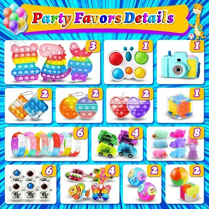 Assortment of kids party favors including snap bracelets, fidget toys, and small toys like a camera and cube.