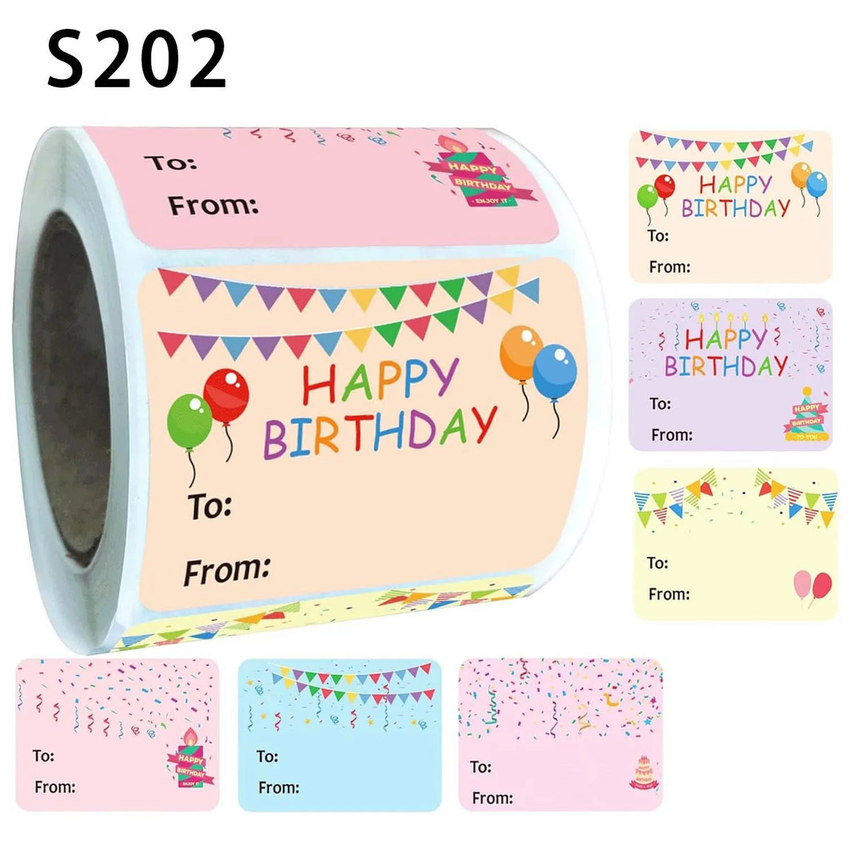 Roll of round adhesive gift tags with birthday messages in pink and yellow tones