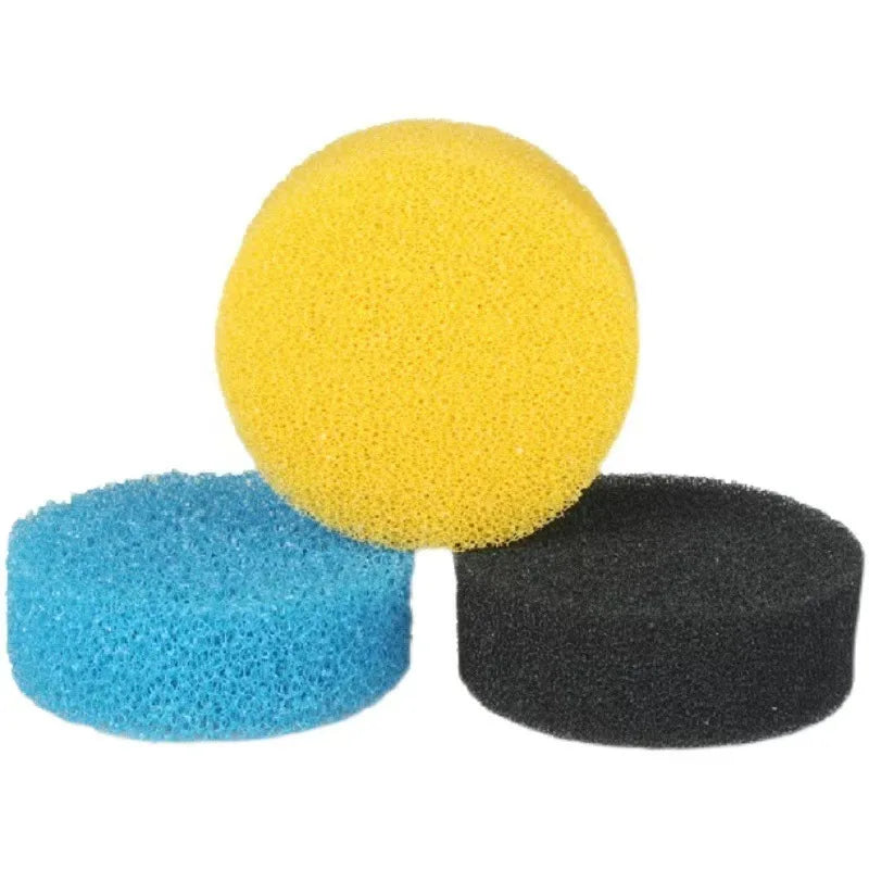 A yellow spherical filter sponge and a blue cylindrical filter sponge are shown.