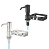 A black built-in kitchen sink soap dispenser with a flexible spout and a stainless steel sponge holder.