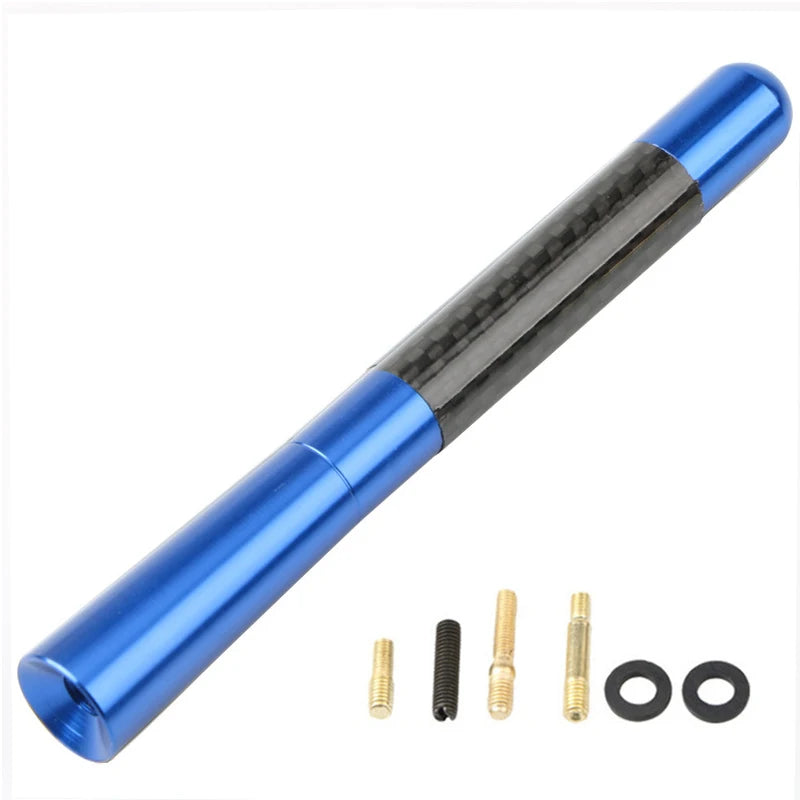 Blue and black carbon fiber short radio antenna with mounting screws and rings