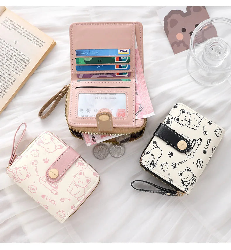Cute Cat Face PU Leather Coin Purse with Wrist Strap