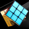 A blue electroplated magnetic speed cube with a mirror finish shown at an angle.