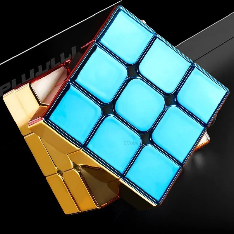A blue electroplated magnetic speed cube with a mirror finish shown at an angle.