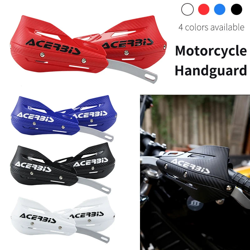 Four colors of Acerbis motorcycle handguards shown in various angles and sizes for handlebar protection