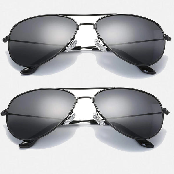 A pair of classic retro aviator sunglasses with black frames and mirrored lenses.