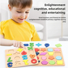 A child is interacting with a wooden alphabet and number puzzle featuring geometric shapes for early cognitive development.