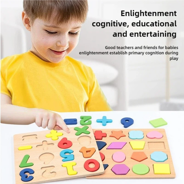 Wooden Alphabet & Number Puzzle with Geometric Shapes for Toddlers