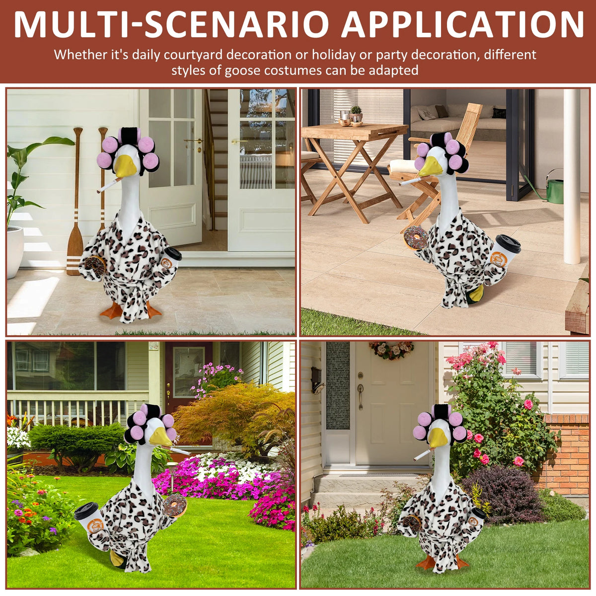 A black and white patterned goose costume with pink accents is shown in various outdoor settings.