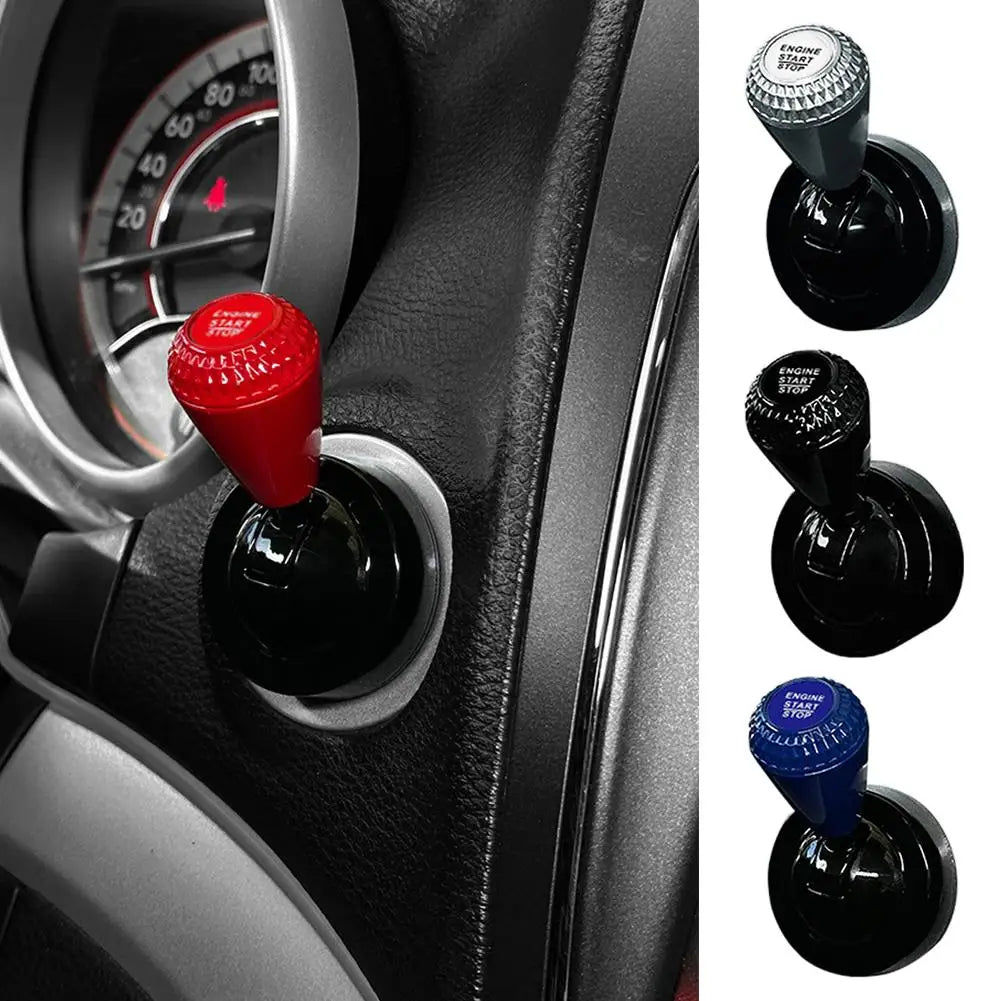 Three different colored aluminum engine start button covers shown in various angles