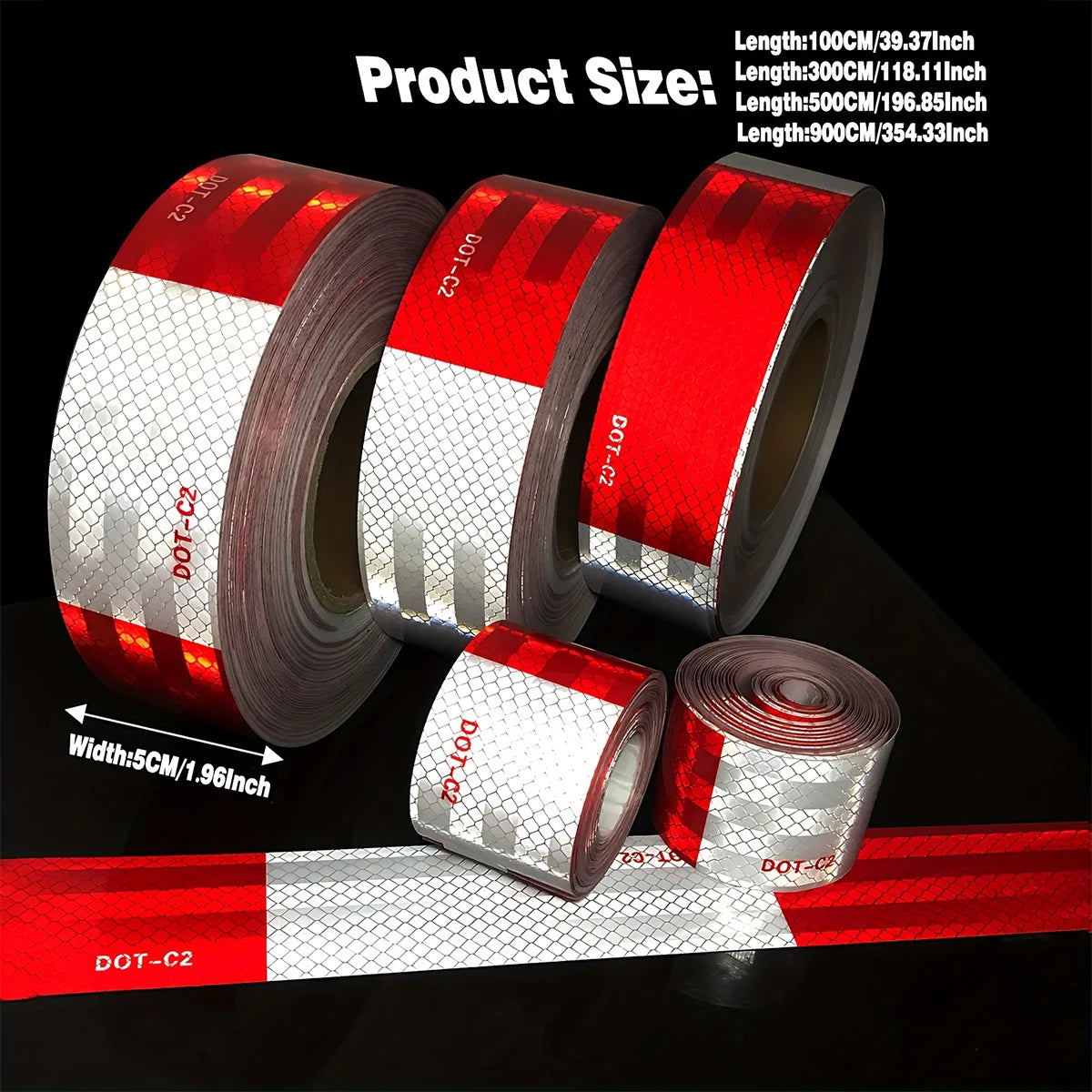 Rolls of DOT-C2 reflective safety tape showing various lengths and widths for vehicles and outdoor gear
