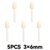 Five natural beige wool felt polishing wheels with 3mm metal shanks.