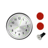 A silver mini car vent quartz clock face with luminous hands and a red button.