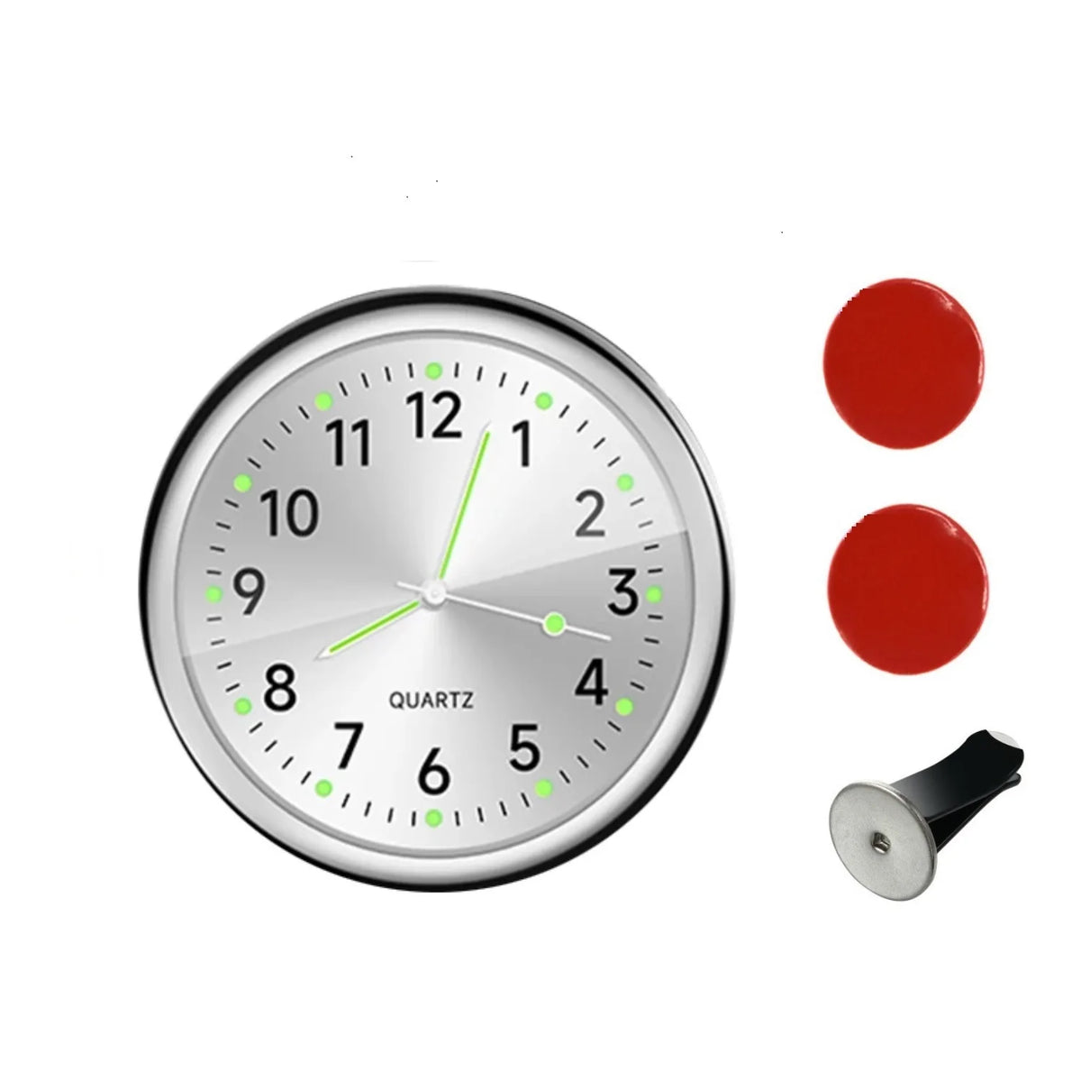 A silver mini car vent quartz clock face with luminous hands and a red button.
