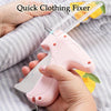 A hand holds a pink mini sewing gun fixer tool used for quick clothing repairs on fabric.