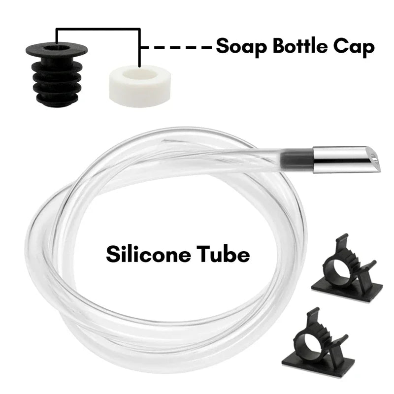 A clear silicone tube and a black soap bottle cap are shown for a liquid soap dispenser.