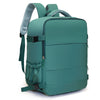 A teal travel backpack with gray straps and pockets shown from the back.
