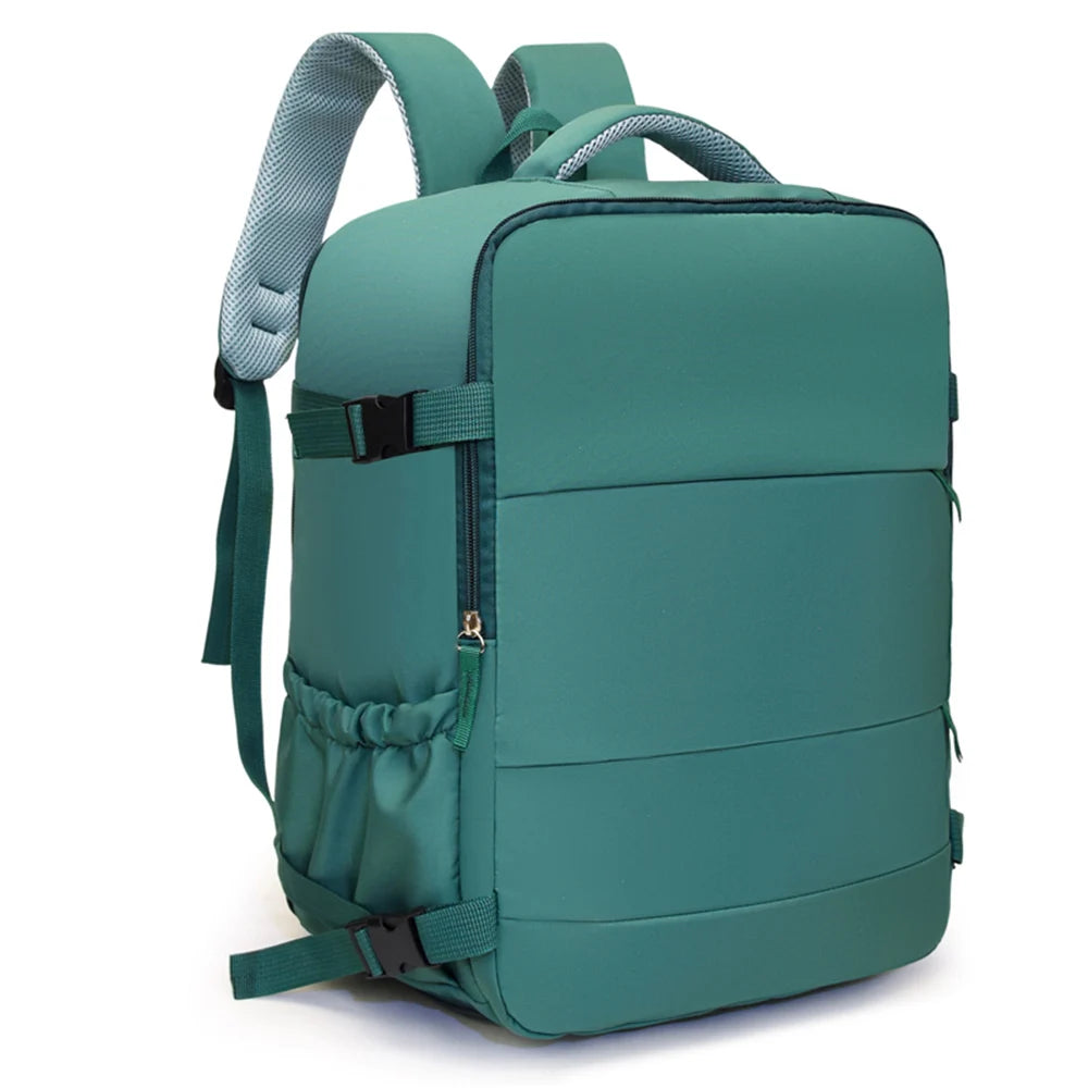 A teal travel backpack with gray straps and pockets shown from the back.