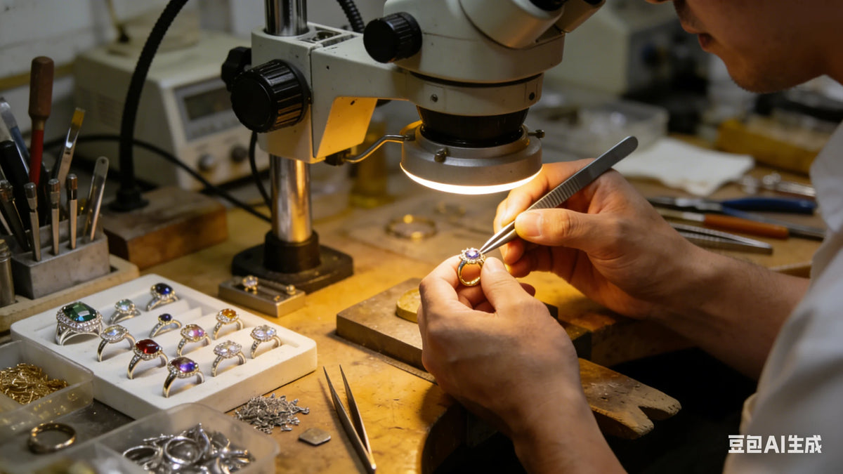 A person is using tweezers to place a ring onto a finger in a jewelry workshop setting.