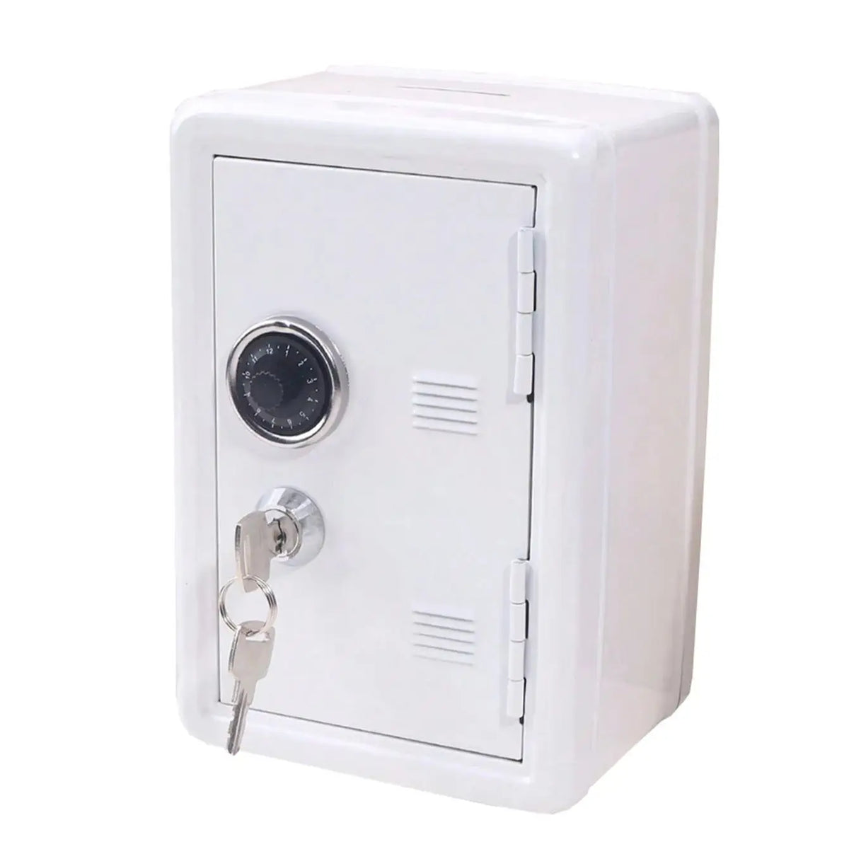 A white vintage metal piggy bank with a combination lock and key.