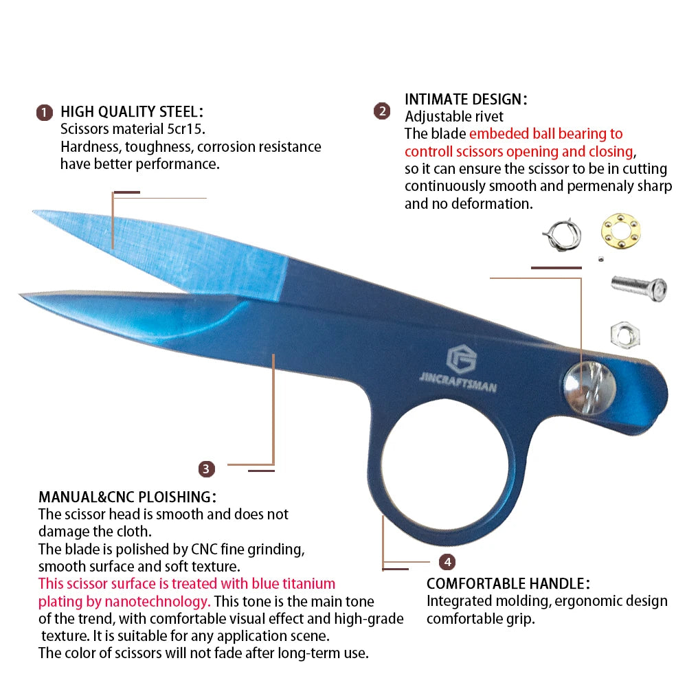 A pair of blue precision titanium-coated tailor scissors shown with various components and features.