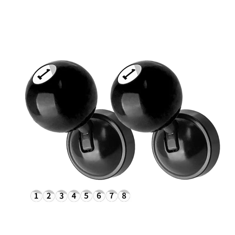 Eight numbered metal push-to-start button covers with billiard ball designs.