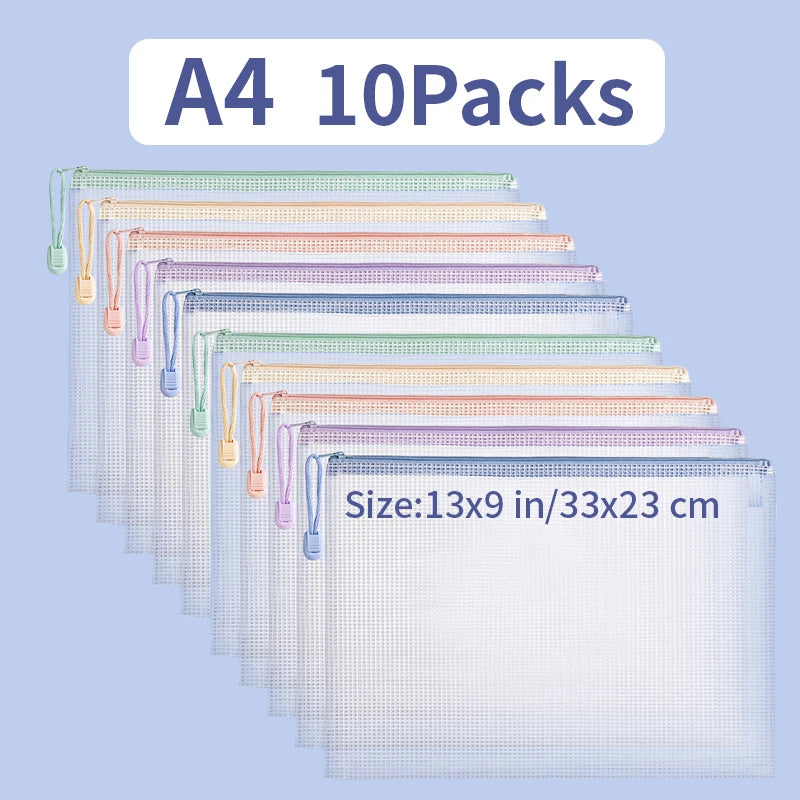 10 paquetes de bolsas de documentos con malla transparente y cremallera en varios colores pastel