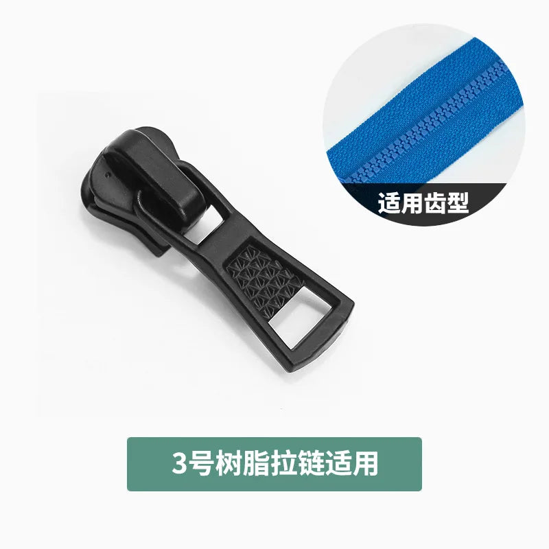 Black zipper slider repair kit with a blue zipper tape and usage instructions