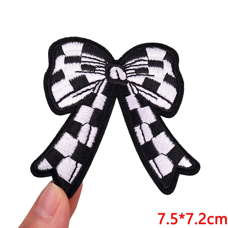 Black and white checkered fabric bow embroidery patch set