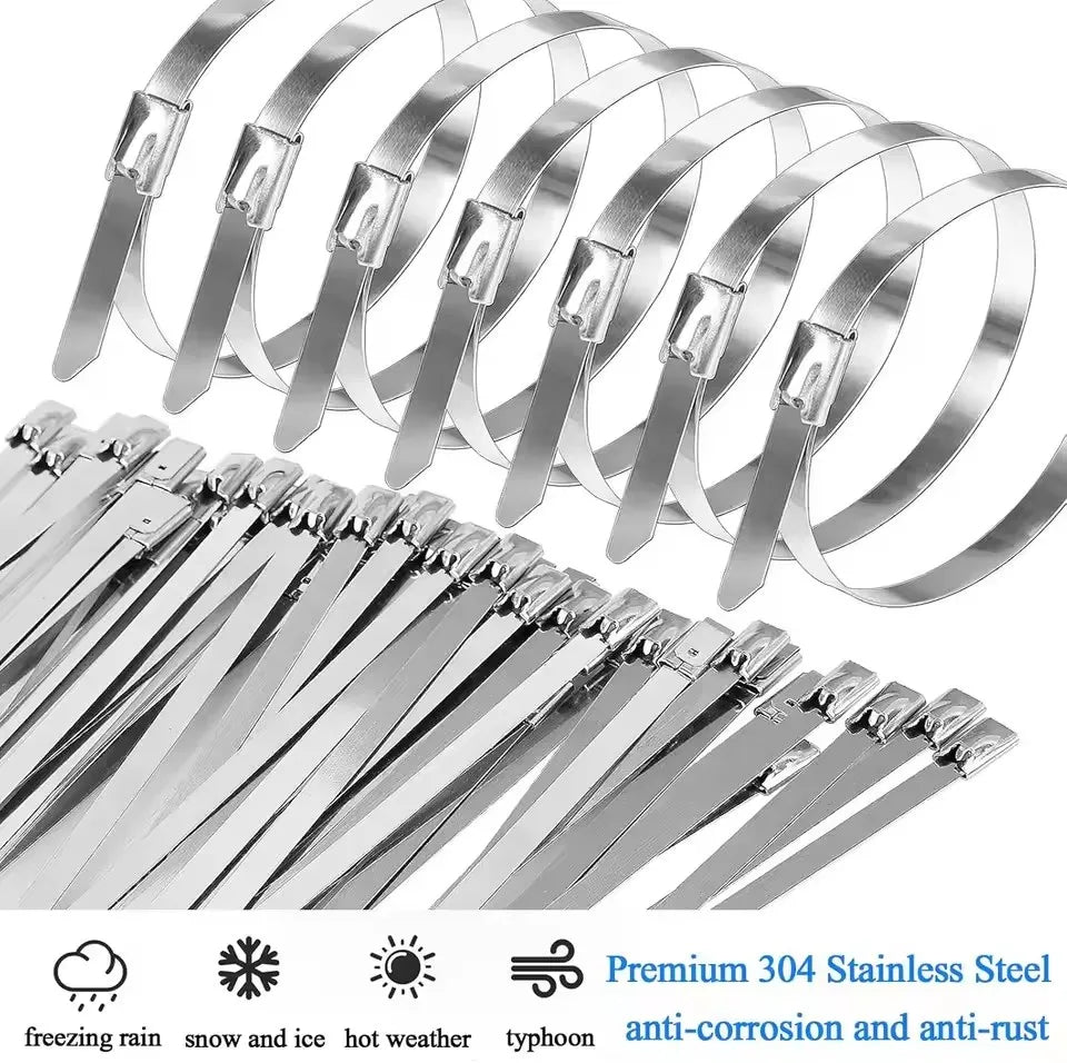 Silver stainless steel cable ties and straps with various weather resistance features