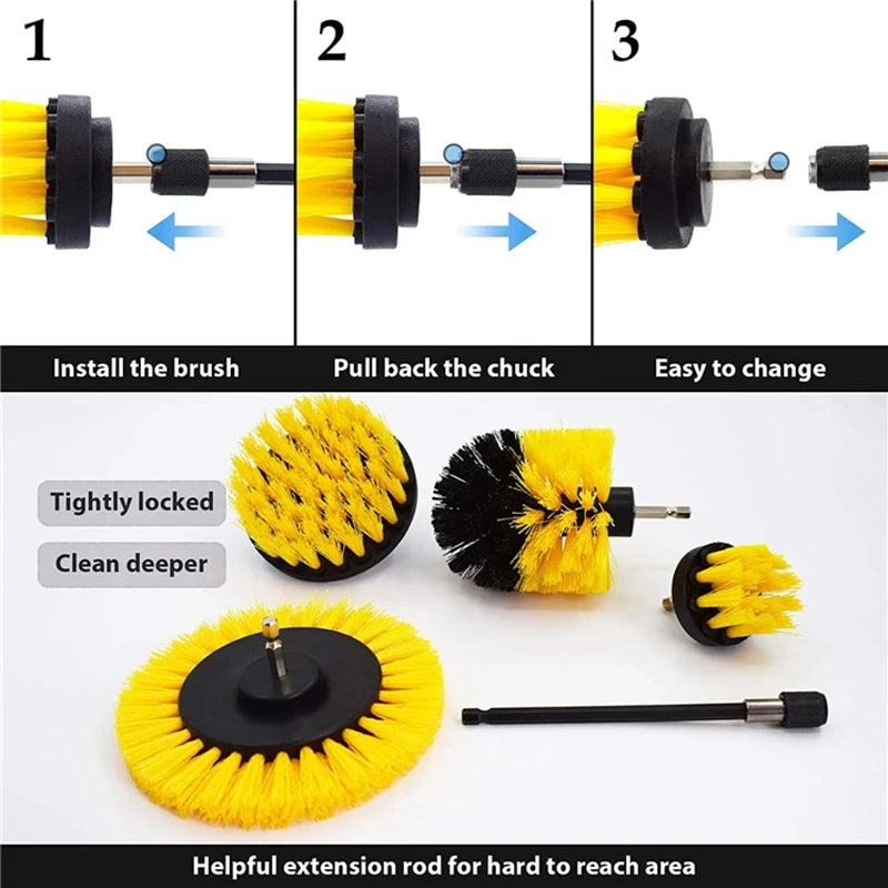 Three-piece power scrubber brush kit showing installation, chuck pulling, and easy change features.