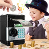 A child is using an electronic password piggy bank with an automatic bill feeder to dispense money.