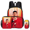 A red and black football star themed backpack set featuring a main backpack and a pencil bag.