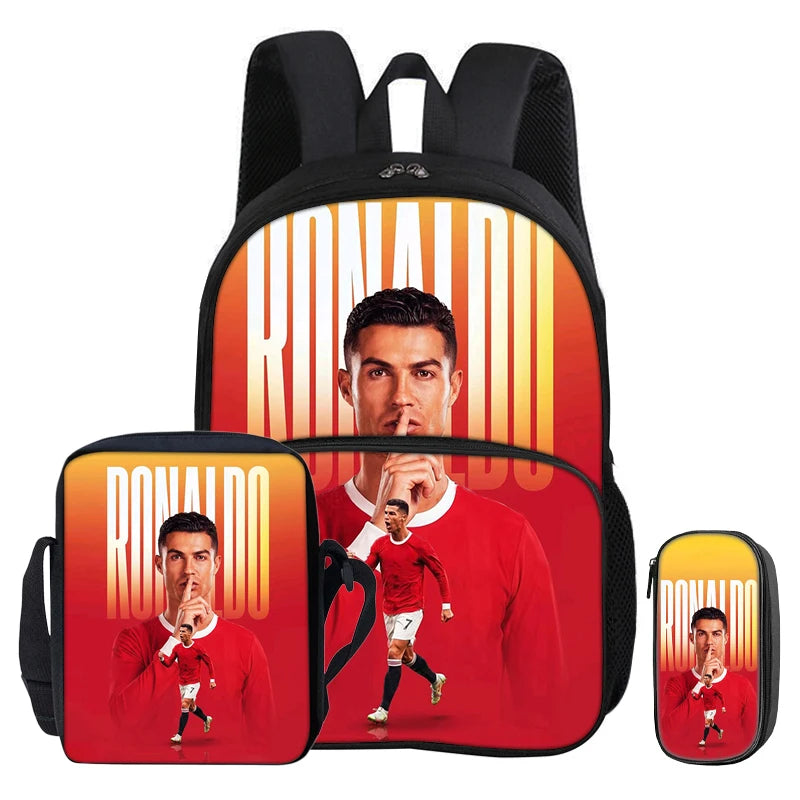 A red and black football star themed backpack set featuring a main backpack and a pencil bag.
